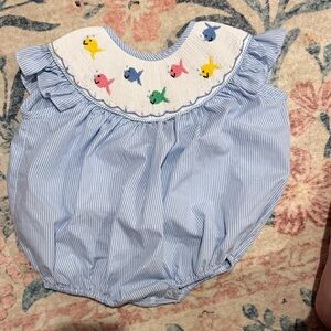 Blue Striped girl bubble with Fish Embroidery